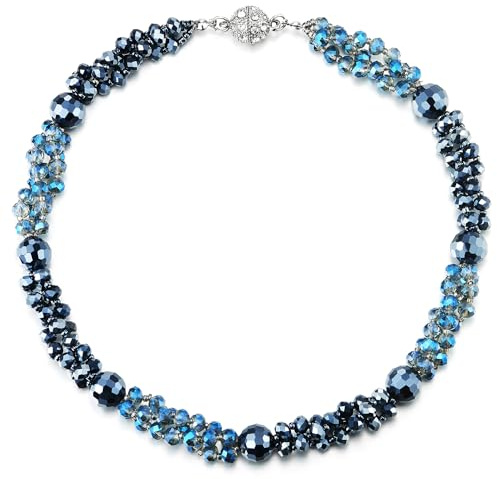 COOLSTEELANDBEYOND Blå pärlor kristall kluster uttalande halskedja flätad kedja halsband choker-halsband, magnetlås, Metall, Kubisk zirkonia