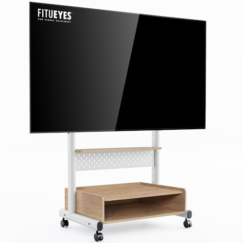 FITUEYES TV Floor Stand on Wheels for 40-85 Screens, Rolling TV Stand Cart with Peg Board, Height Adjustable, Lockable Casters & Storage Cabinet Holds 60kgs, White & Oak, K Series