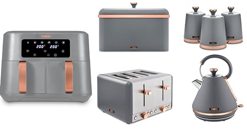 Tower Cavaletto Grey Pyramid Kettle, 4 Slice Toaster, 8.5L Vortx Dual Basket Digital Air Fryer, Bread Bin & Canisters. Matching Kitchen Set of 7 in Grey with Rose Gold