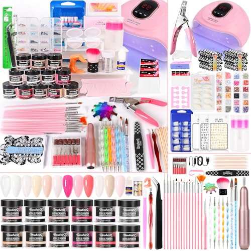 DouborQ Kit d'ongles en acrylique avec perceuse à ongles électrique, lampe à ongles, faux ongles, kit de démarrage pour débutant avec tout (kit de 12 couleurs – Couleur D)