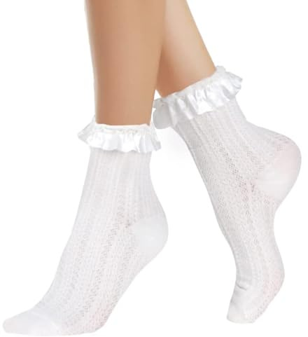 AFCJLTO 1 Paar traditionelle Damensocken, Rüschensocken, Rüschensocken für Damen, Spitzensocken mit Rüschen, Tanzsocken mit Rüschen, Weiß2, M