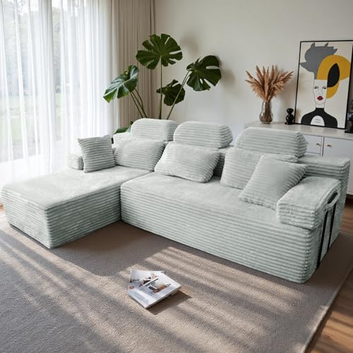 HOMRELEXA 276cm Sofa mit hoher Rückenlehne, L-Form Schlafsofa aus Cordstoff, 3-Sitzer mit Ottomane Links oder rechts, Relaxsofa für Wohnzimmer, freistehend, Keine Montage(dunkelgrau)