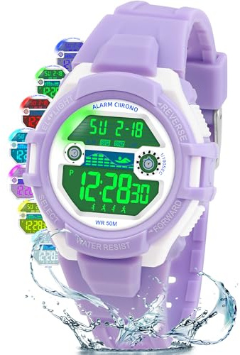 DTKID Digitale Montre Enfant garçon Fille, 7 Couleurs de LED, Montre pour Enfants avec Alarme, Chronomètre, Date, 5ATM Waterproof Outdoor Sports Watch for Teenagers