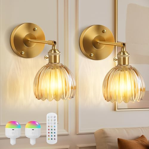 Akku Wandleuchte Innen 4000mAh Retro 2 Stück, Gold LED Wandlampe ohne Stromanschluss mit Glas Tulpe Schirm, Dimmbar & RGB Speicherfunktion Timer Fernbedienung für Schlafzimmer Flur Wohnzimmer