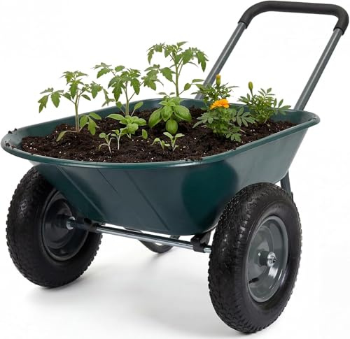 Brouette avec 2 Roues Chariot pour Jardinage de Transport Chariot de Jardin à Main Robuste Béquille Capacité de Charge 270kg Remorque Jardinerie Utilitaire pour ExtéRieuréRieur Pelouse la Terre, Vert
