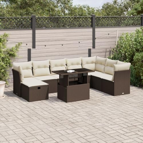 RCODSSK 9-TLG. Garten-Sofagarnitur Braun Poly Rattan mit Kissen und verstellbarem Tisch, PE Rattan Sofa Set mit waschbaren Bezügen, Gartenmöbel Set für Terrasse