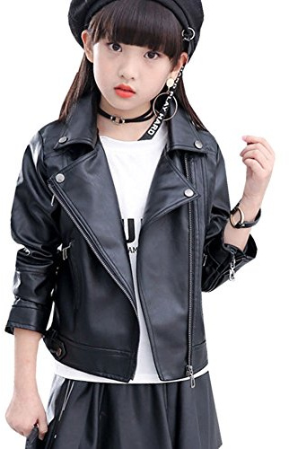 LSERVER Chaqueta Biker para Niñas Chaqueta Cazadora de Imitación Cuero Sintético con Solapa, Negro, 116