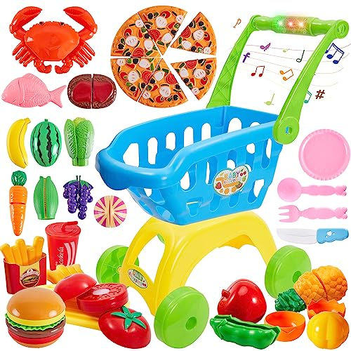 BUYGER Childs Shopping Trolley Cart for Kids with 12 Switchable Music and Light, 5 Types Play Cutting Food Fruit and Vegetable Toy Set Accessories Supermarket Shopping Game Gift for Ages 3+ Year Old