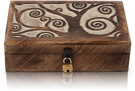 Grande regalo di compleanno fatto a mano portagioie decorativo in legno albero della vita intagliando & Lock & Key Jewellery Organizer scatola dei ricordi del tesoro portagioie 20,3 x 12,7 cm