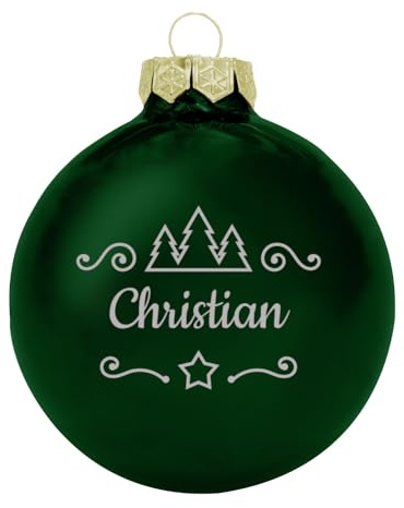 Deitert Weihnachtskugel mit Namen oder Wunschtext graviert, Ø 8cm, personalisierte Christbaumkugel aus Glas (glänzend), individueller Weihnachtsbaumschmuck mit Gravur, Tannen-Motiv, Grün