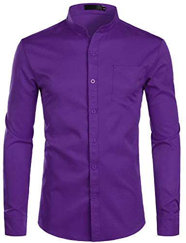 PARKLEES Chemise élégante à col grand-père pour homme, coupe ajustée, manches longues, boutonnée avec poche