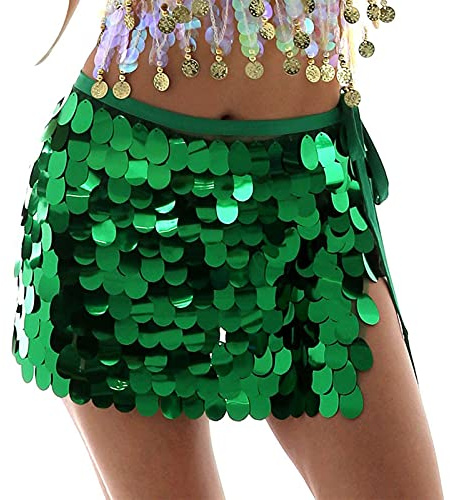 Sttiafay Jupe de danse du ventre au-dessus du genou à paillettes sirène pour femme, Vert, Taille unique