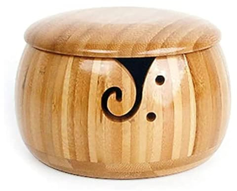 Hsthe Sea Garn Aufbewahrungsschüssel aus Holz,Bambus-Strickschüssel,Handgefertigte Holz-Webfadenschüssel mit abnehmbarem Deckel, Fadenschlitz und gebohrten Löchern für Strick- und Häkelarbeiten