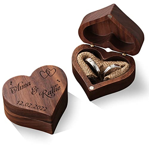 Personalisierte hölzerne Ringschatulle, Schmuckschatulle, Herzform, Ringhalter, Geschenke für Hochzeit, Antrag, Verlobung, Walnuss