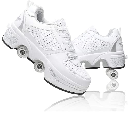 Schuhe mit Rollen, Rollschuhe Skateboard Schuhe Kinderschuhe Mit Rollen Skate Shoes Rollen Schuhe Sportschuhe Laufschuhe Sneakers Mit Rollen für mädchen Und Damen White Silver