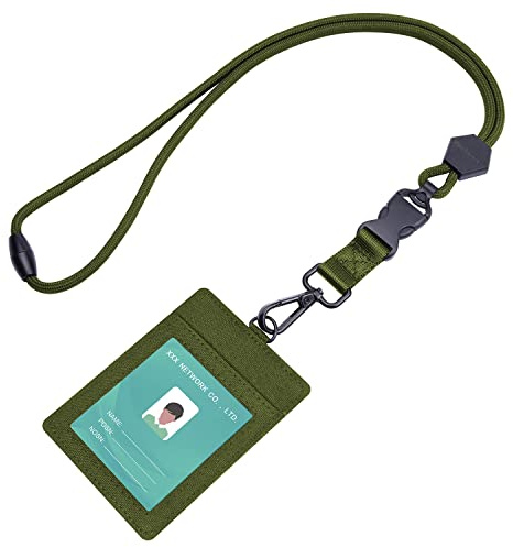 Wisdompro 2-sidig ID-märkeshållare, 58,4 cm kraftig nackrem med ID-korthållare, avtagbart spänne, 1 klart ID-fönster och 2 kreditkortsfack – vertikal armégrön