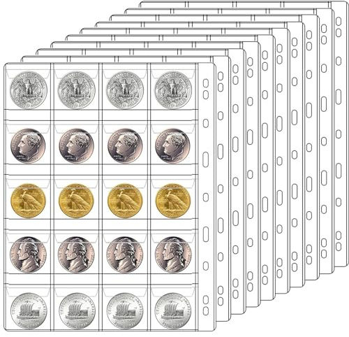 Ettonsun 10 Sheets 20-Pocket Coin Collecting Pages Coin Sleeves, Binder Inserts Coin Pocket Pages Collecting Sleeves for Most Coin Collection Holder Book Album