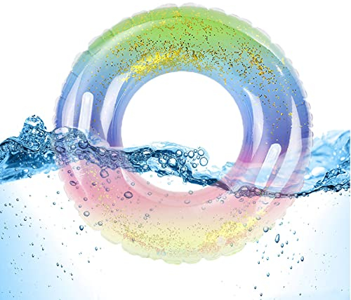Viilich Schwimmring Erwachsene, Gummiring zum Schwimmen,Mit Sicherem Griff Transparenter Schwimmring,Badering mit Pailletten Regenbogenfarben Party für Erwachsene Wasserspielzeug(90cm)