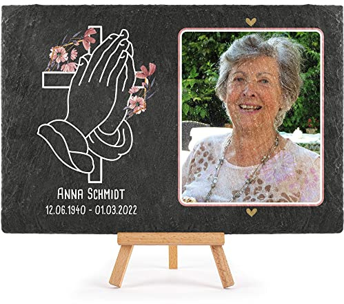 Schieferplatte selbst gestalten - Gedenktafel mit Foto, Name & Datum bedrucken - betende Hände - Grabtafel, Grabschmuck | Schiefertafel 20x30 cm