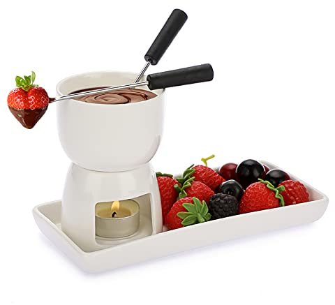 BSTKEY Set di mini fonduta in ceramica per cioccolato e formaggio, 150 ml, set per fonduta con 2 forchette e 1 piatto rettangolare per burro gelato
