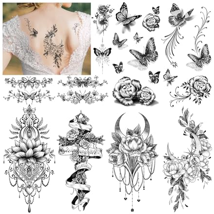 Acevegue 38 Stück Schwarz Temporäre Tattoos Set, Klebe Tattoo Erwachsene Mädchen Frauen Damen, Blumen Kreuz Schmetterling Rose Sexy 3d Fake Tattoos