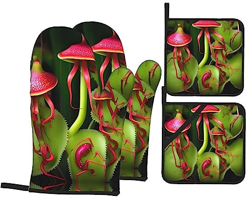 Fleischfressende Pflanzen-Ofenhandschuhe und Topflappen-Set, 4-teilig, hitzebeständig, wasserdicht zum Kochen, Backen, Grillen