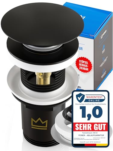 FEINER® Universal Waschbecken Ablaufgarnitur - Mattschwarz - für Waschbecken & Waschtische aller Art MIT und OHNE Überlauf, Stöpsel herausziehbar mit Haarfänger, GRATIS Dichtungen & Einbauanleitung
