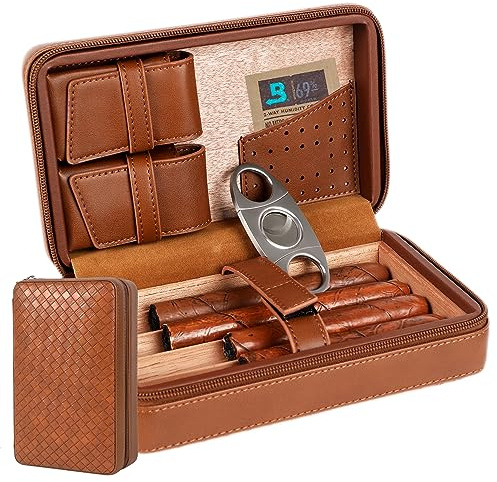 Humidor pour jusqu'à 4 cigares Cuir style tissé pour contenir votre pack humidor 69 intérieur en bois de cèdre avec coupe-cigare étui à cigares humidor pour une portabilité et des voyages faciles