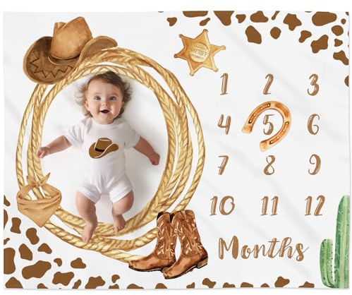 flysclean Cowboy Baby Monthly Milestone Blanket with Felt Horseshoe Frame Western Theme Baby Month Photo Props Cow Print Baby Photo Blanket My First Rodeo Birthday Party Supplies