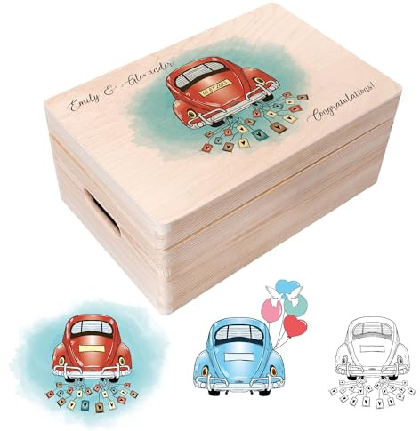 Creative Deco Hochzeitsgeschenke Personalisiert für Brautpaar - Auto | Geschenk zur Hochzeit | Erinnerungsbox Hochzeit | Geschenkkiste JGA | Holzkiste mit Deckel | Hochzeitsgeschenk Personalisierte
