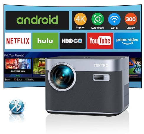 Proyector 【Android TV & Auto Focus/Keystone】Proyector WiFi Bluetooth 4K Soporte, 33000 Lúmen TOPTRO Proyector Full HD 1080P Nativo Cine En Casa Con Función Zoom Antipolvo para Movil USB HDMI Ethernet