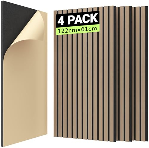 TONOR 4 PCS Wood Slat Panels, 48 x 24 x 0.83 Adhesive Acoustic Panels for Wall, Decorative 3D Fluted Panels for Sound Absorbing, Soundproof Panels with Wood Finish for Living Room, Dark Walnut