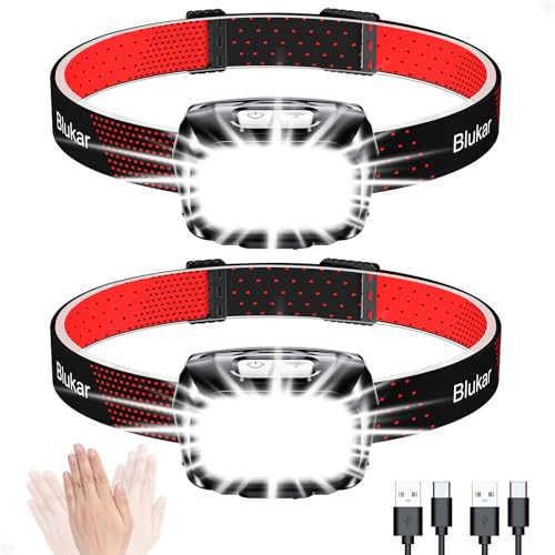 Blukar Lampe Frontale Rechargeable 2 Pack, 2000L Super Lumineux Léger Torche Frontale LED Puissante avec Voyant Rouge,8 Modes d'Éclairage,Capteur Mouvement,IPX5 Étanche,30H d'autonomie pour Camping