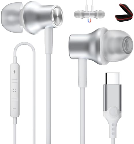 Ecouteur USB C HiFi Stéréo Magnétique avec Micro pour Honor 600/Magic8 Lite | Intra Auriculaire Écouteur Type C Casque pour Redmi Note 15/POCO X8 X7 Pro pour iPhone 17 16 15 Pro pour Pixel 10a 11 9 argen