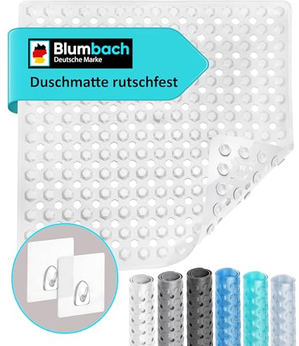 Blumbach® Duschmatte rutschfest 53x53cm - Inkl. 2 Haken zum Aufhängen | 100% BPA-frei, griffige Antirutschmatte Dusche, Badewannenmatte schimmelresistent, Duscheinlage Rutschmatte maschinenwaschbar