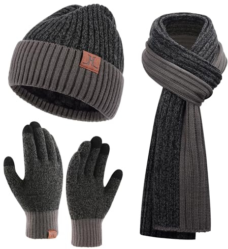 Bequemer Laden Herren Winter Beanie Mütze Lange Schal und Handschuhe Set | Herren Winter Warm Wintermütze Strickmütze Schal Rutschfeste Touchscreen Winterhandschuhe Set mit Gefüttert Geschenke Männer