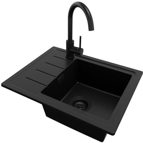 PRIMAGRAN Evier Cuisine en Granit au Meuble 45cm + Robinet, 55x44cm | Set: Robinet BW5010 + Kit de Vidage (Siphon, bonde d’évacuation, trop-plein) + Lavabo 1 Bac - Copenhague Easy, Tout Noir
