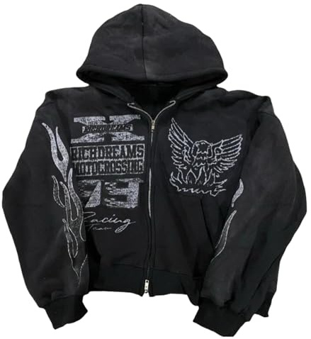 OANTGM Felpa con cappuccio con zip Grunge Giacche Streetwear Y2k Unisex Emo Vintage 2000 Capispalla Overwear Graphic Hoodies Star Rapper