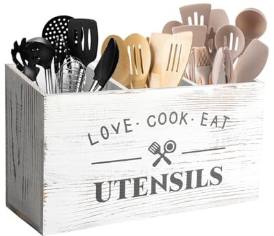 Gzsekken White Kitchen Utensil Holder,Farmhouse Utensil Organiser with 3 Compartment,Cutlery Caddy Drainage Bottom,Utensil Holder Wooden Kitchen Cooking Tools Storage for Countertop,Parties