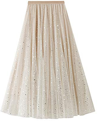 HzDazrl Falda larga de tul de hadas para mujer, de cintura alta, plisada, de malla, para boda, fiesta, club, playa, tutú largo, Lentejuelas albaricoque, Talla única
