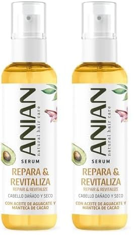 ANIAN - Sérum Repara y Revitaliza, 100 ml, para Pelo Seco y Dañado, Hidrata y Suaviza el Cabello, Sella las Puntas - Aceite de Aguacate, Manteca de Cacao y Queratina Vegetal (Paquete de 2)