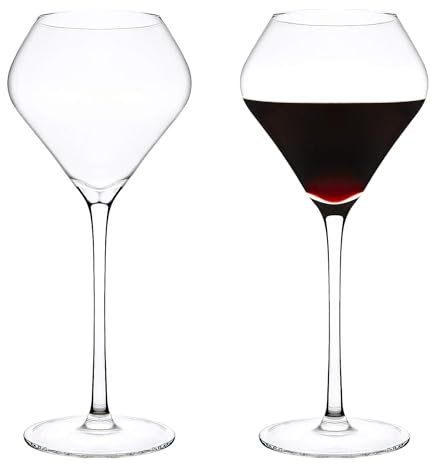 Katie Jayne Lot de 4 verres à vin « Tulipe » Beaujolais de 450 ml | Lot de 4 verres à vin soufflés à la bouche à longue tige pour 4 personnes | Ensemble de verres à vin faits à la main pour bar à