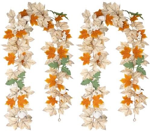 Herbst Girlande Ahornblätter,2 Stück Künstliche Herbstgirlande,Herbstgirlande mit Kürbis,Herbstdeko für Innen & Außen,Wand,Tür,Halloween,Erntedankfest,Hochzeit, Kamin,Balkon,Party (Orange)