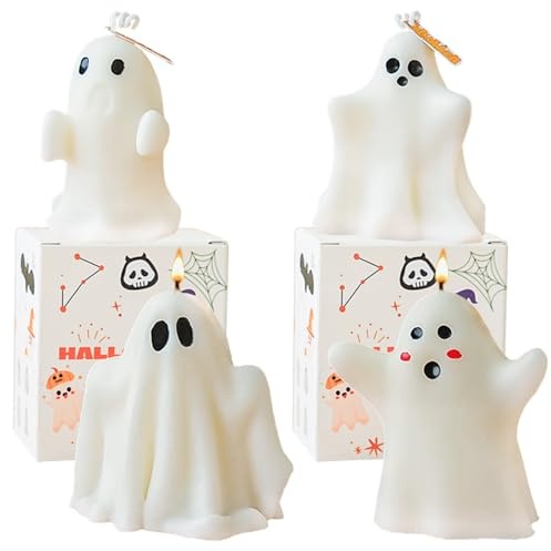 MOMAHUA 4 Candele Profumate Halloween con Cera di Soia Naturale,4 Disegno Fantasma,20-28 Ore di Durata,per Aromaterapia e Halloween Decorazione,Idea Regalo per Lei e Amici