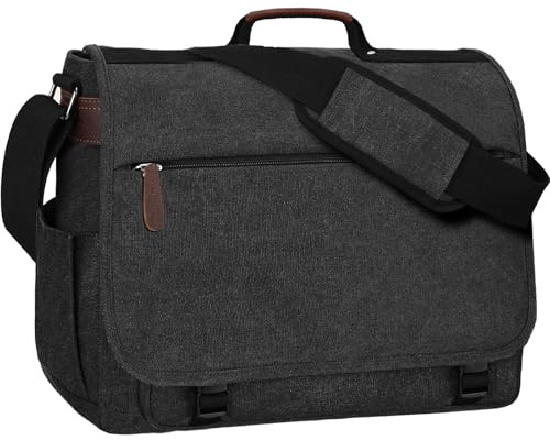 Eshow Umhängetasche Herren Wasserabweisend, Laptoptasche 17,3 Zoll aus Echtleder und Canvas, Messenger Bag Arbeitstasche Schultertasche Vintage für Arbeit Uni Freizeit Büro Schwarz