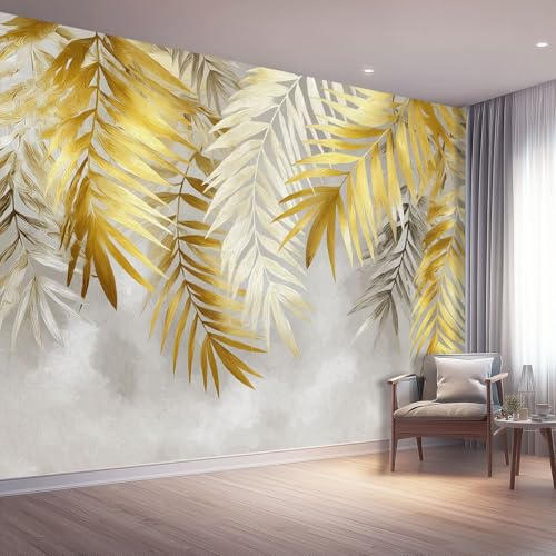 Tropical Papel Pintado Salon 200 x 140 cm, Hojas De Palma Doradas Fotomurales Tejido No Tejido Papel Tapiz Fotográfico Decorativos Murales Dormitorio Oficina