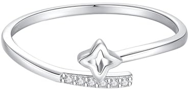 Mesnt Verlobungsringe, Frauen 18 Karat Weißgold Gedrehtes Design mit Stern und rundem Diamantring, Größe 53 (16.9)