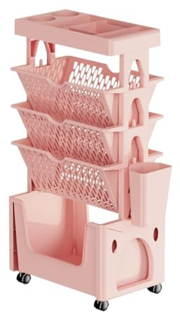 Ojtuyht 5-stöckiger Rollwagen, drehbarer Rollwagen für Büro und Haushalt, Bücherwagen mit unterteiltem oberen Fach zur Aufbewahrung von Büchern und Büromaterialien(Pink)
