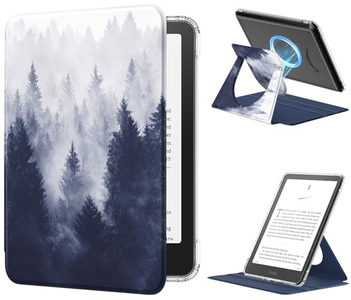 MoKo 360° Drehbar Hülle für 7 Ebook Readers 12.Generation 2024 & Ebook Readers Colorsoft 2024/2025, Durchsichtig Abnehmbar Magnetisch Verstellbar Schutzhülle mit Ständer Auto Wach/Schlaf, Grauer Wald