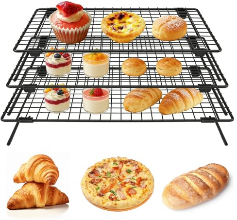 Lymshine 3-Stöckiges Kuchengitter Abkühlgitter Brot, Kuchengitter, Kühlgitter aus Kohlenstoffstahl, Klappbar & Stapelbar, Schwarz, Cooling Rack, Küchenbackzubehör für Kuchen, Kekse